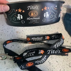 Trio of Tito’s brand dog bowl, dog leash & sunglasses.